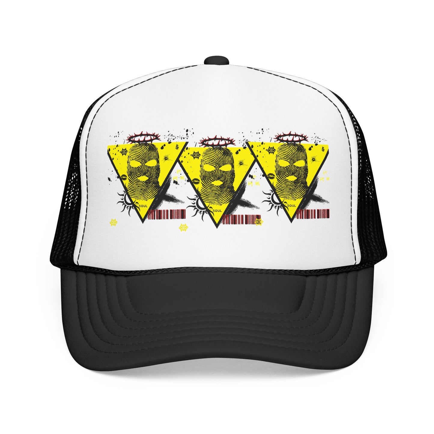 Trucker Hat — Grunge Yellow Skulls Triangle Graphic Foam Cap