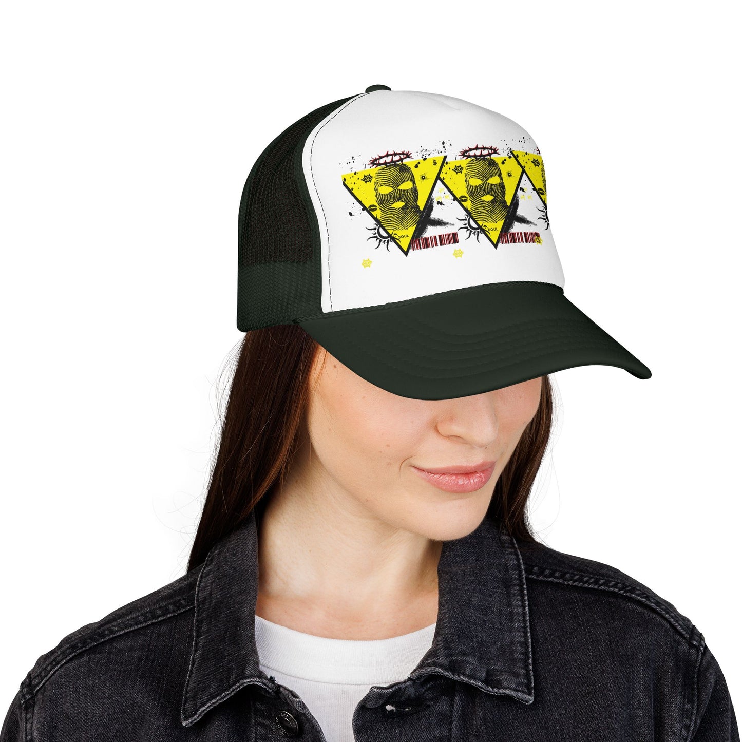 Trucker Hat — Grunge Yellow Skulls Triangle Graphic Foam Cap