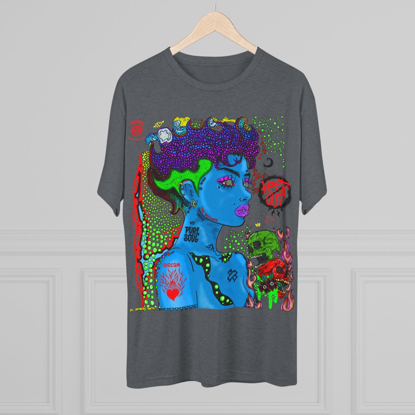 Psychedelic Blue Portrait Tee — Vivid Heart Grasp Graphic T-Shirt