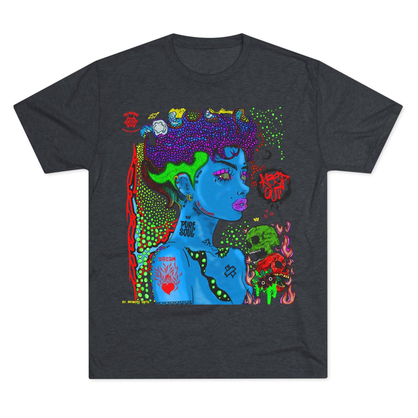 Psychedelic Blue Portrait Tee — Vivid Heart Grasp Graphic T-Shirt