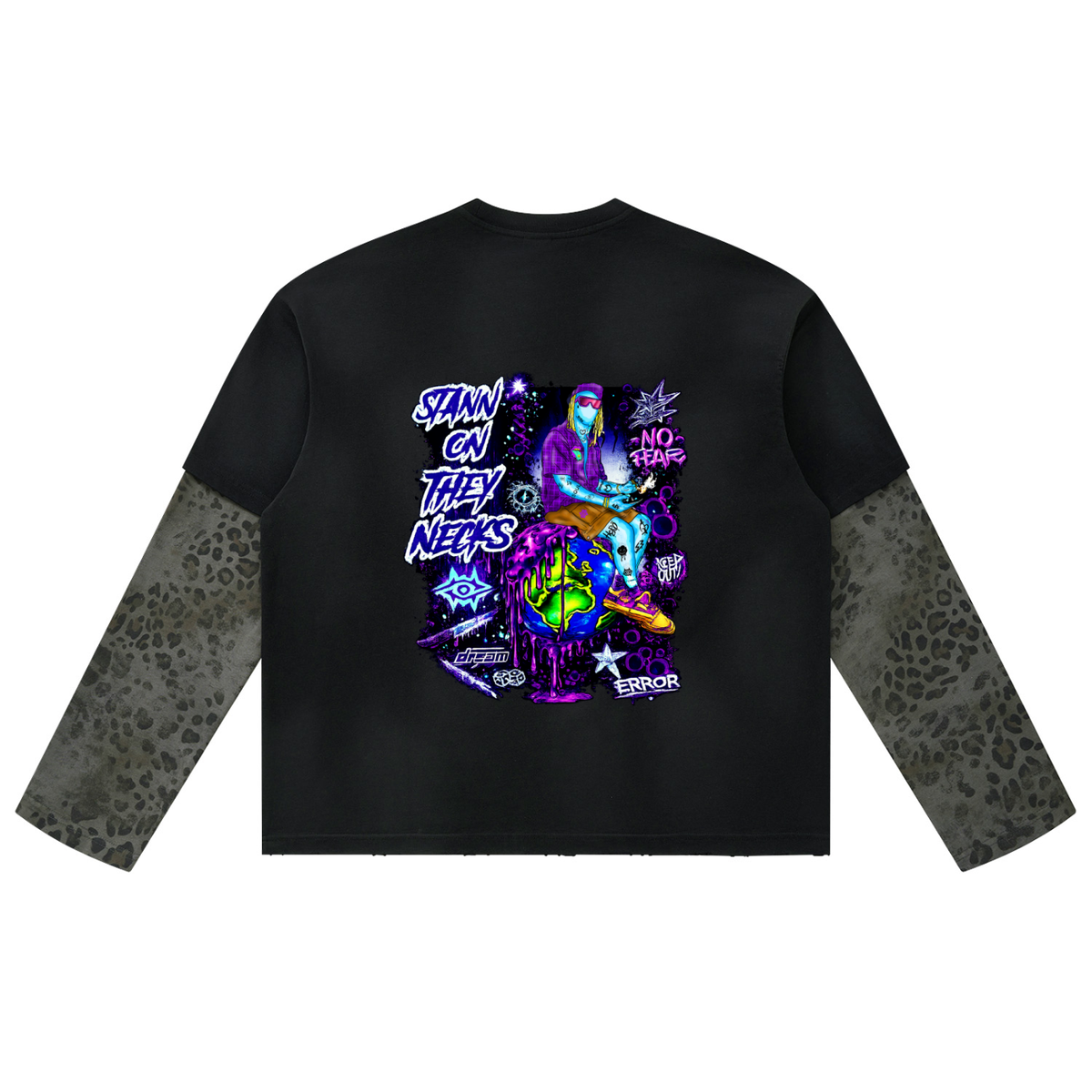 Unisex Vintage Wash Leopard Paneled Layer T-Shirt