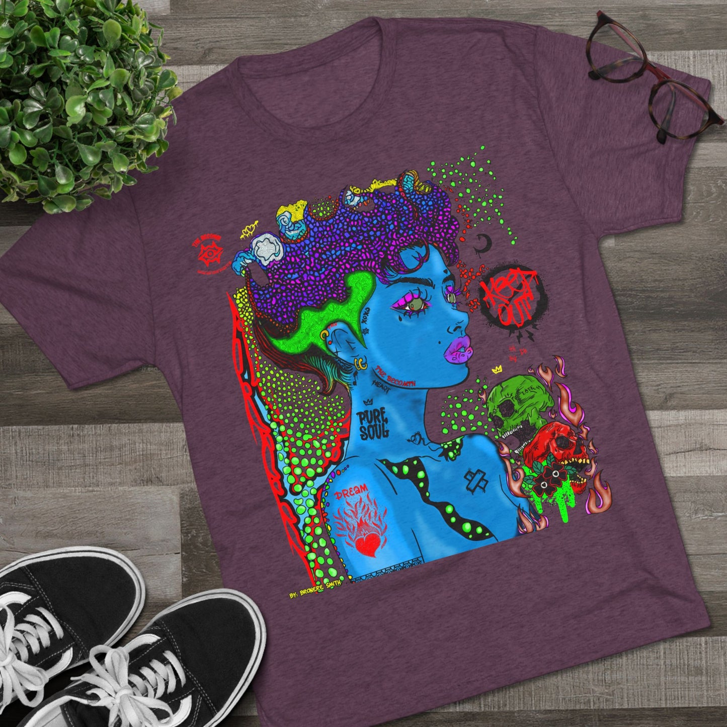 Psychedelic Blue Portrait Tee — Vivid Heart Grasp Graphic T-Shirt