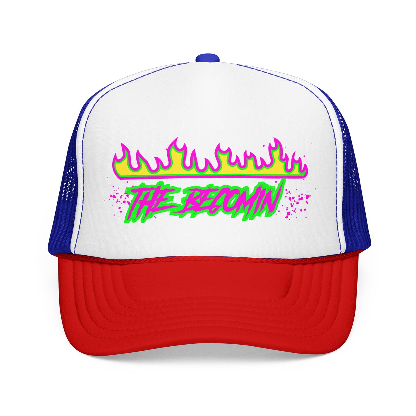 Neon Flame 'The Reccmn' Trucker Hat — Retro 80s Skate Punk Foam Mesh Cap