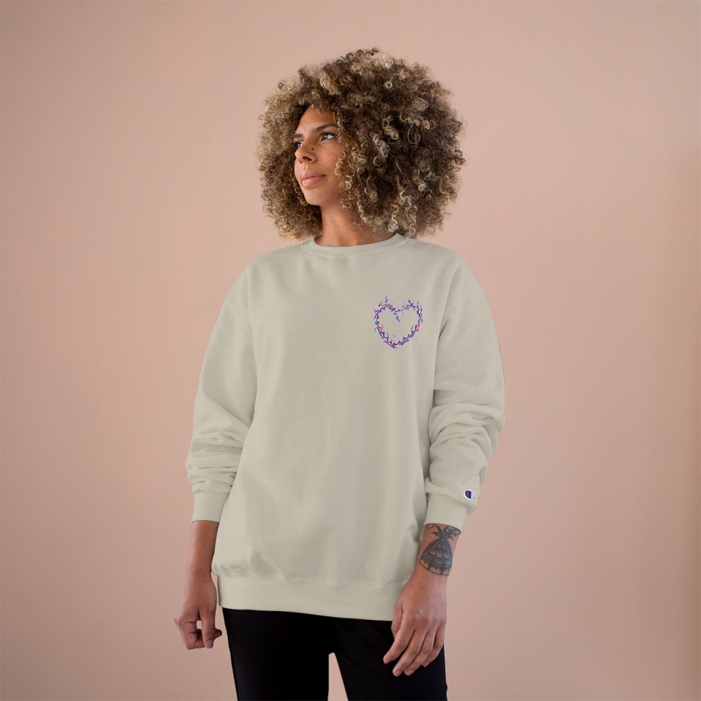 Bold Art Champion Sweatshirt with Heart & Graphic Design