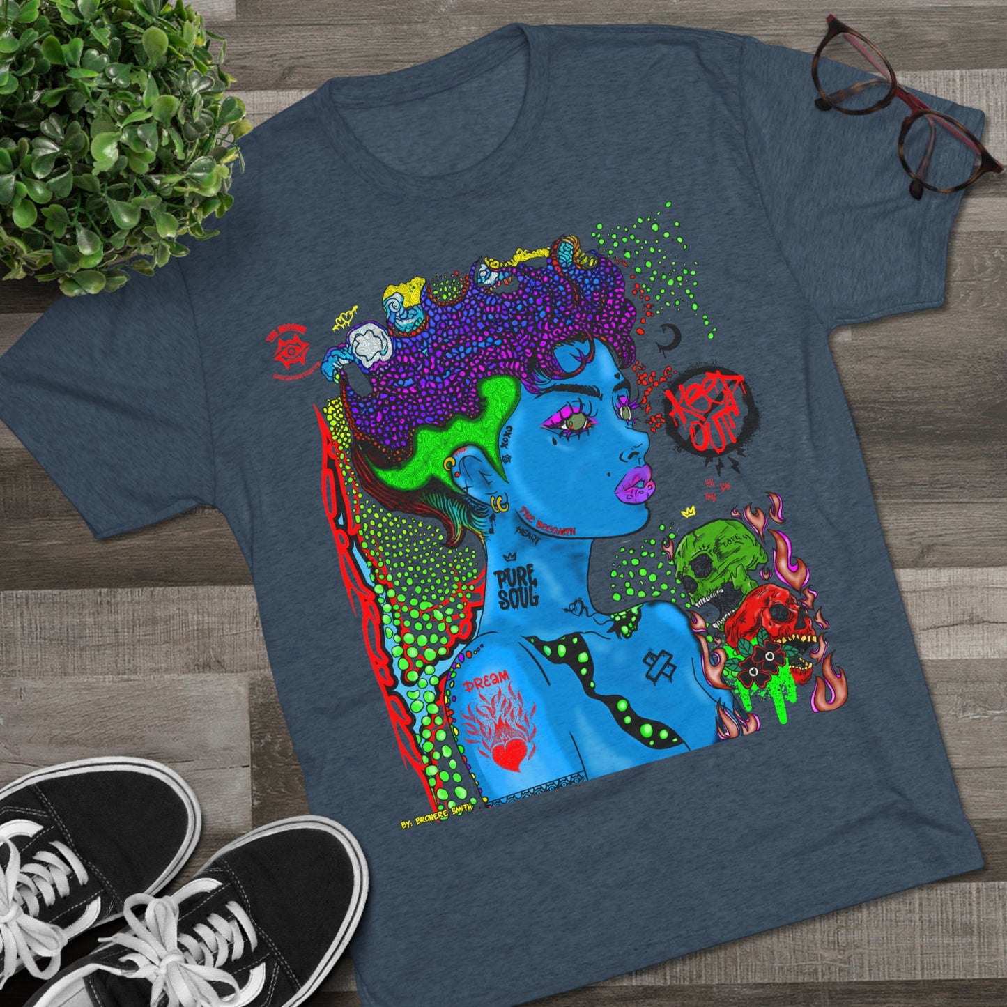 Psychedelic Blue Portrait Tee — Vivid Heart Grasp Graphic T-Shirt