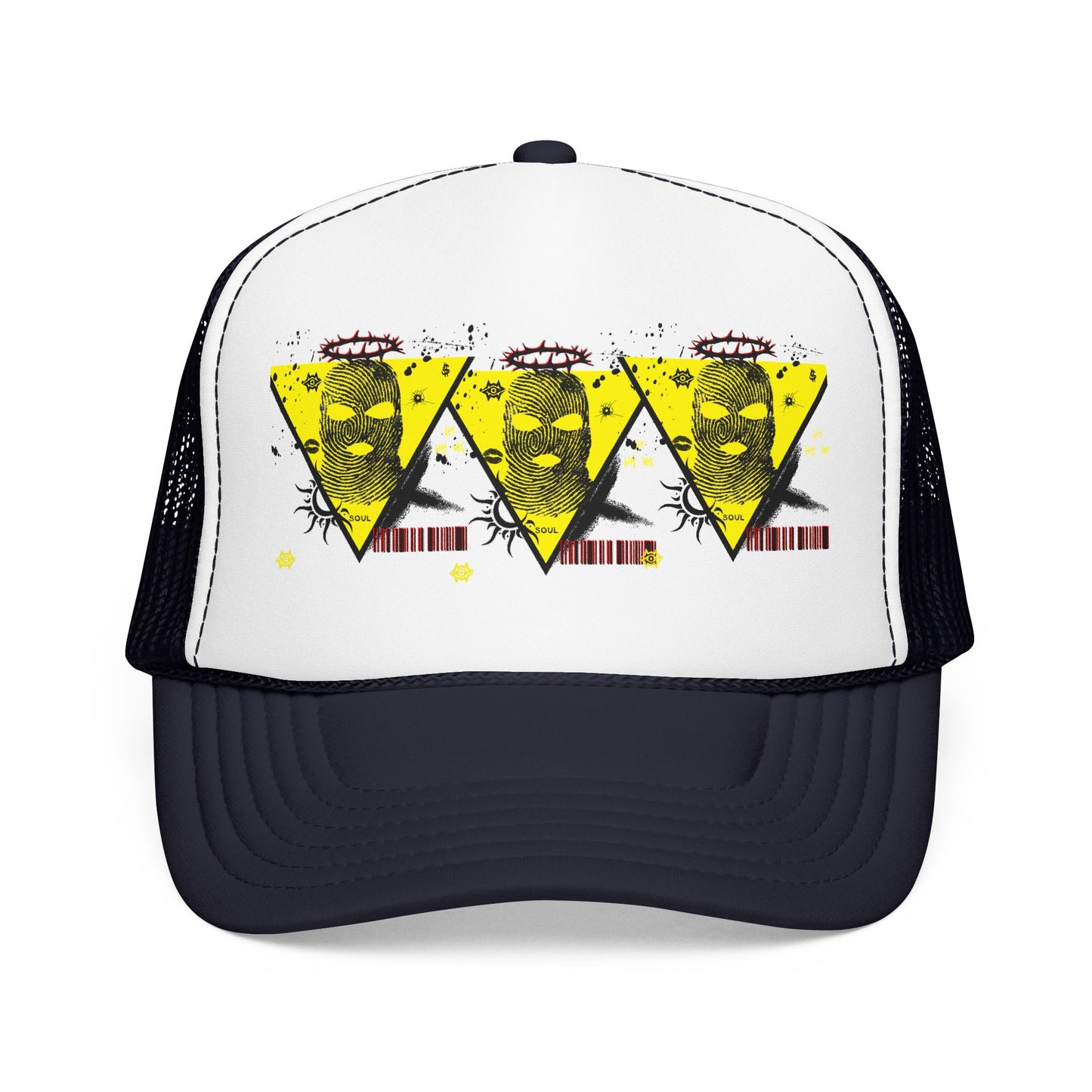 Trucker Hat — Grunge Yellow Skulls Triangle Graphic Foam Cap