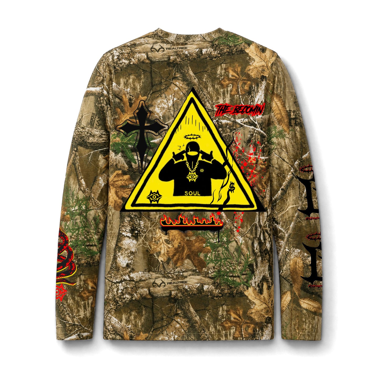 Camo Long Sleeve Tee — Hunting Mossy Forest Pocket Shirt with Graphic Back Patch