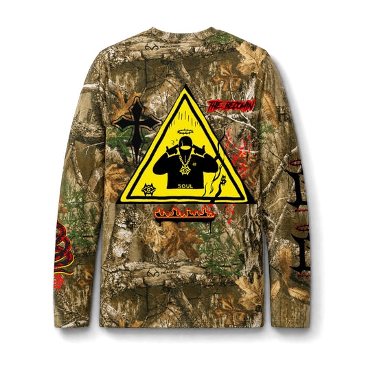 Camo Long Sleeve Tee — Hunting Mossy Forest Pocket Shirt with Graphic Back Patch