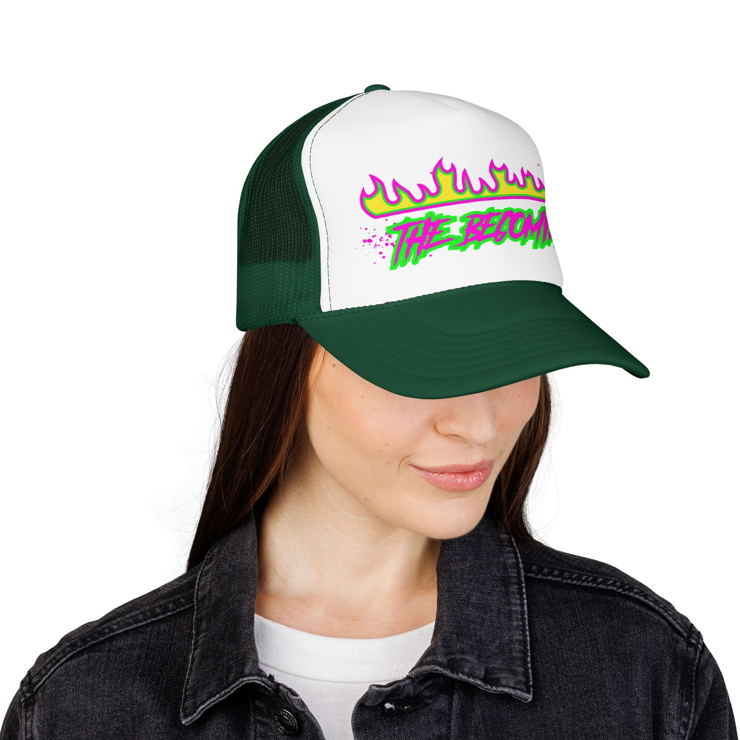 Neon Flame 'The Reccmn' Trucker Hat — Retro 80s Skate Punk Foam Mesh Cap