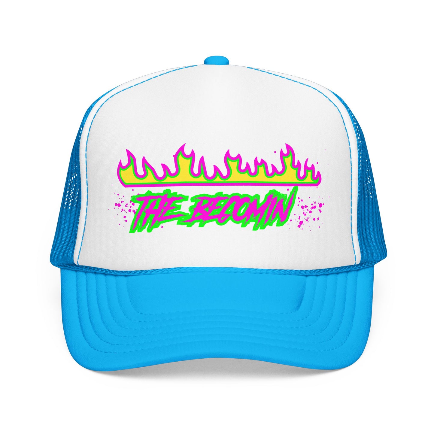 Neon Flame 'The Reccmn' Trucker Hat — Retro 80s Skate Punk Foam Mesh Cap