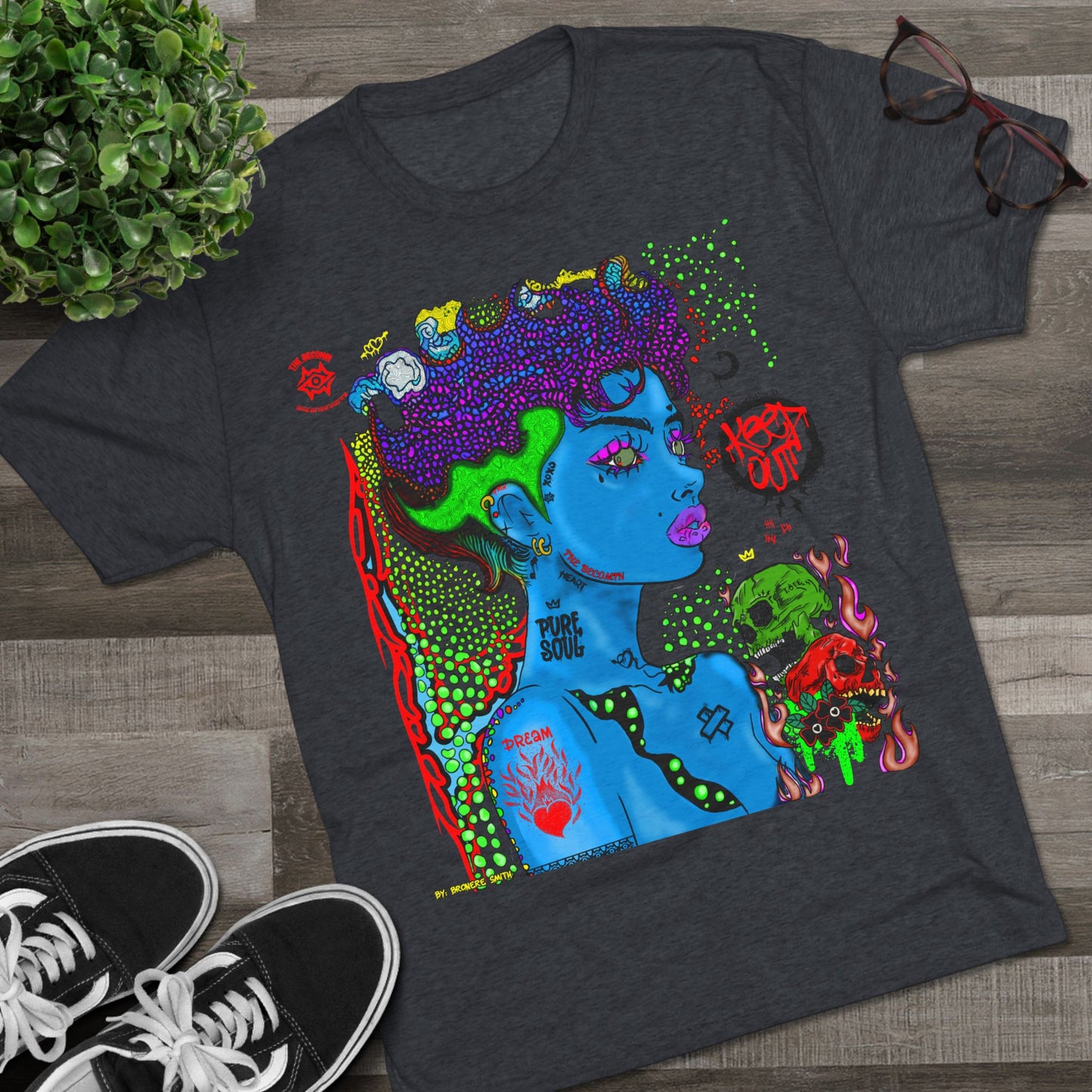 Psychedelic Blue Portrait Tee — Vivid Heart Grasp Graphic T-Shirt