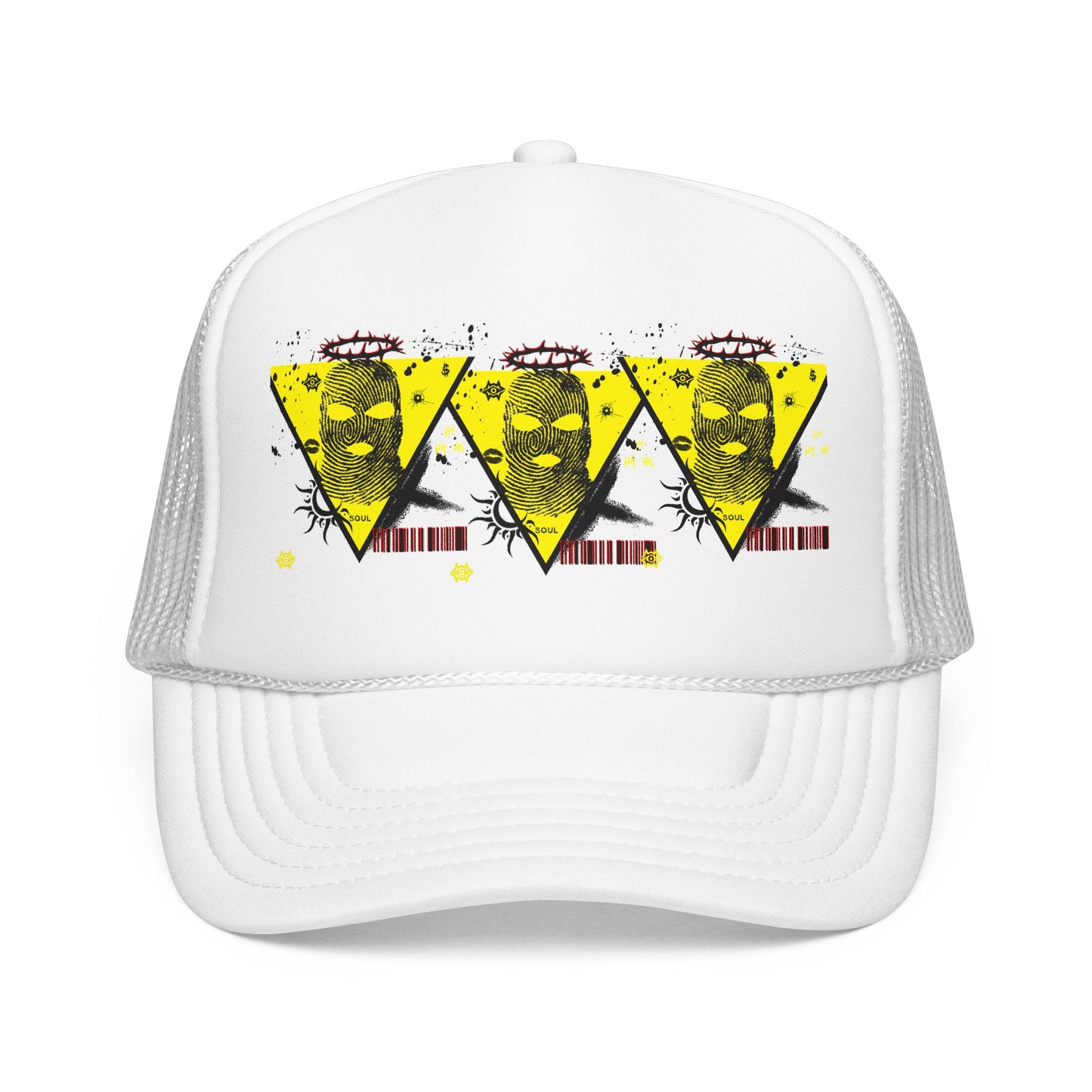 Trucker Hat — Grunge Yellow Skulls Triangle Graphic Foam Cap