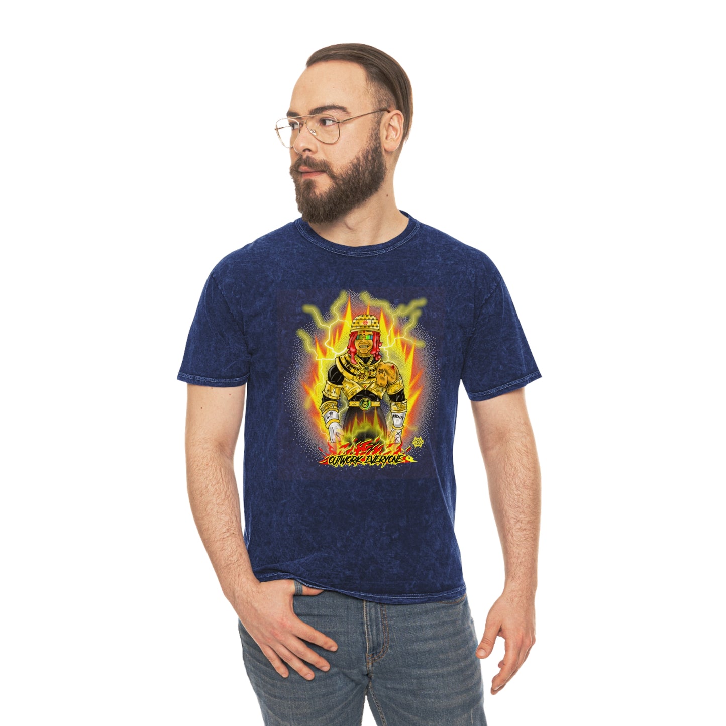 Mineral Wash Graphic Tee — Fiery King Illustration "Outwork Everyone"