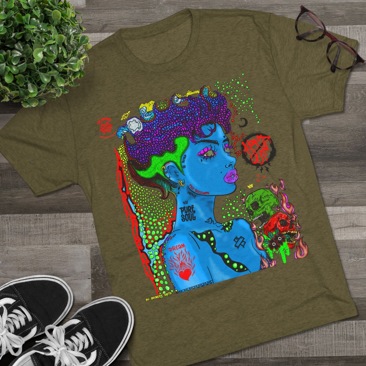 Psychedelic Blue Portrait Tee — Vivid Heart Grasp Graphic T-Shirt