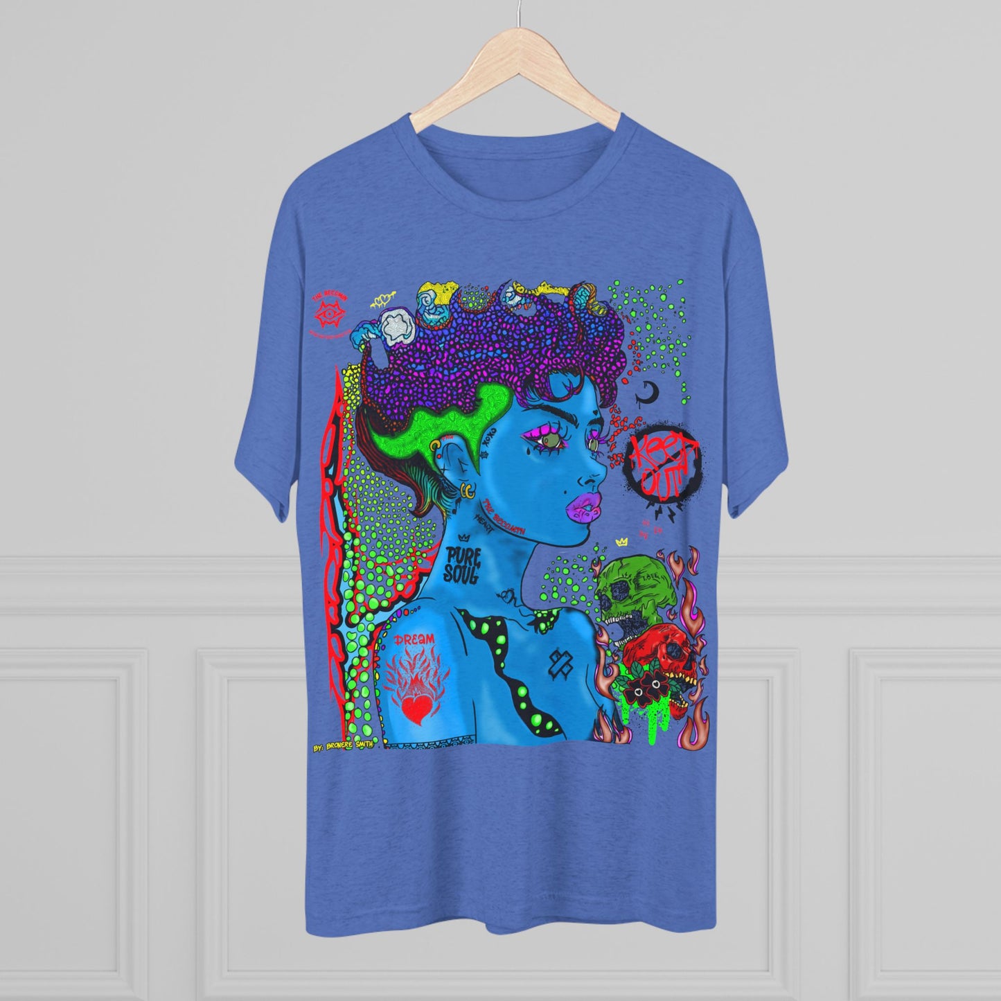Psychedelic Blue Portrait Tee — Vivid Heart Grasp Graphic T-Shirt