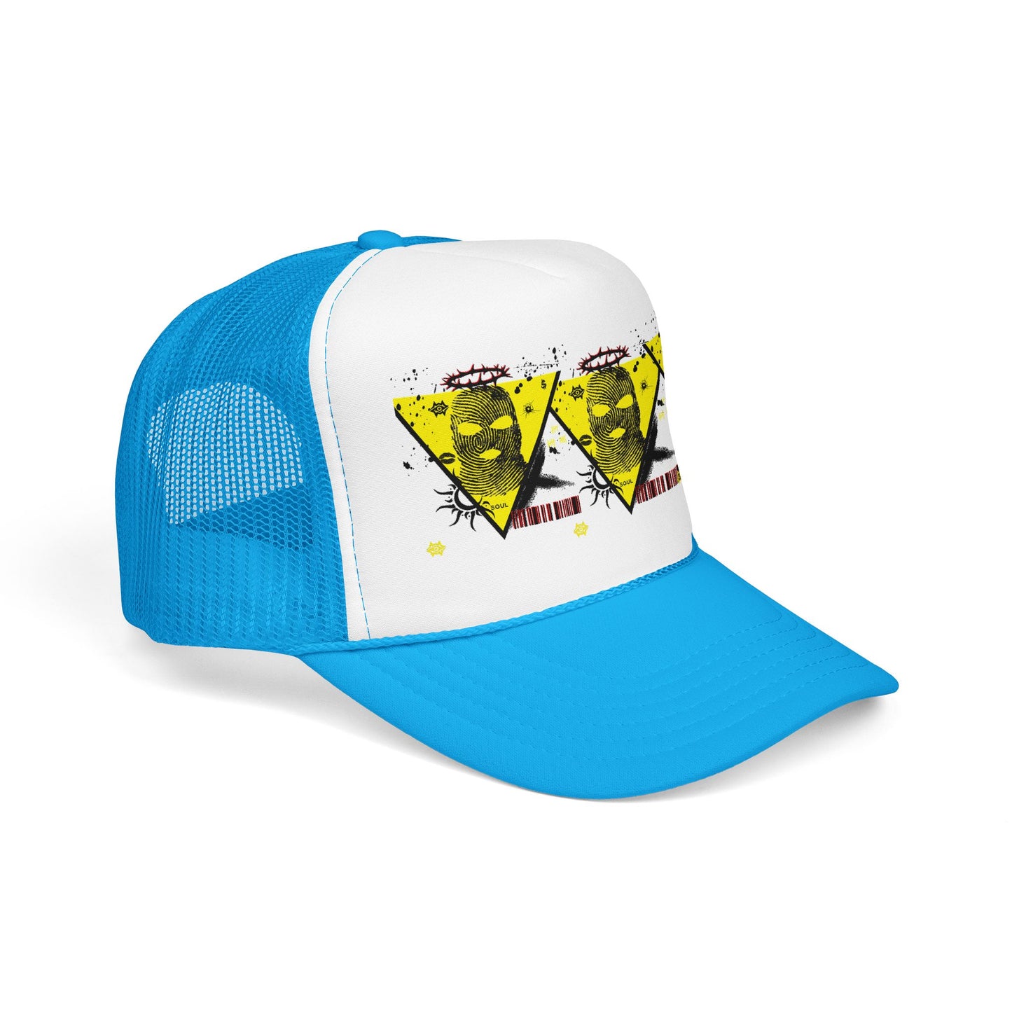 Trucker Hat — Grunge Yellow Skulls Triangle Graphic Foam Cap