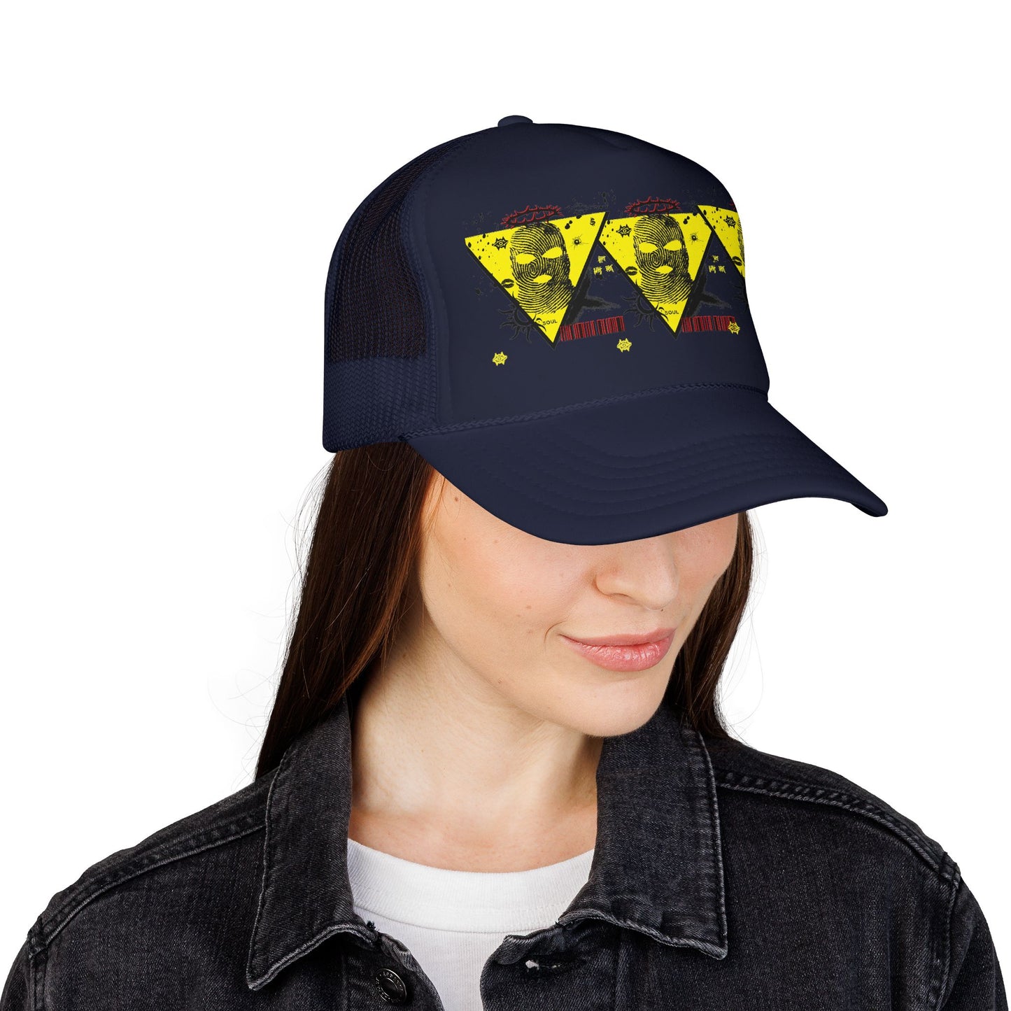 Trucker Hat — Grunge Yellow Skulls Triangle Graphic Foam Cap