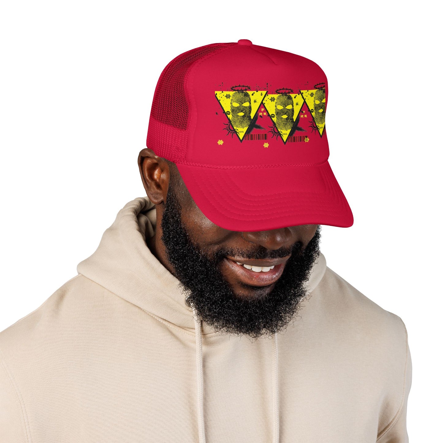 Trucker Hat — Grunge Yellow Skulls Triangle Graphic Foam Cap
