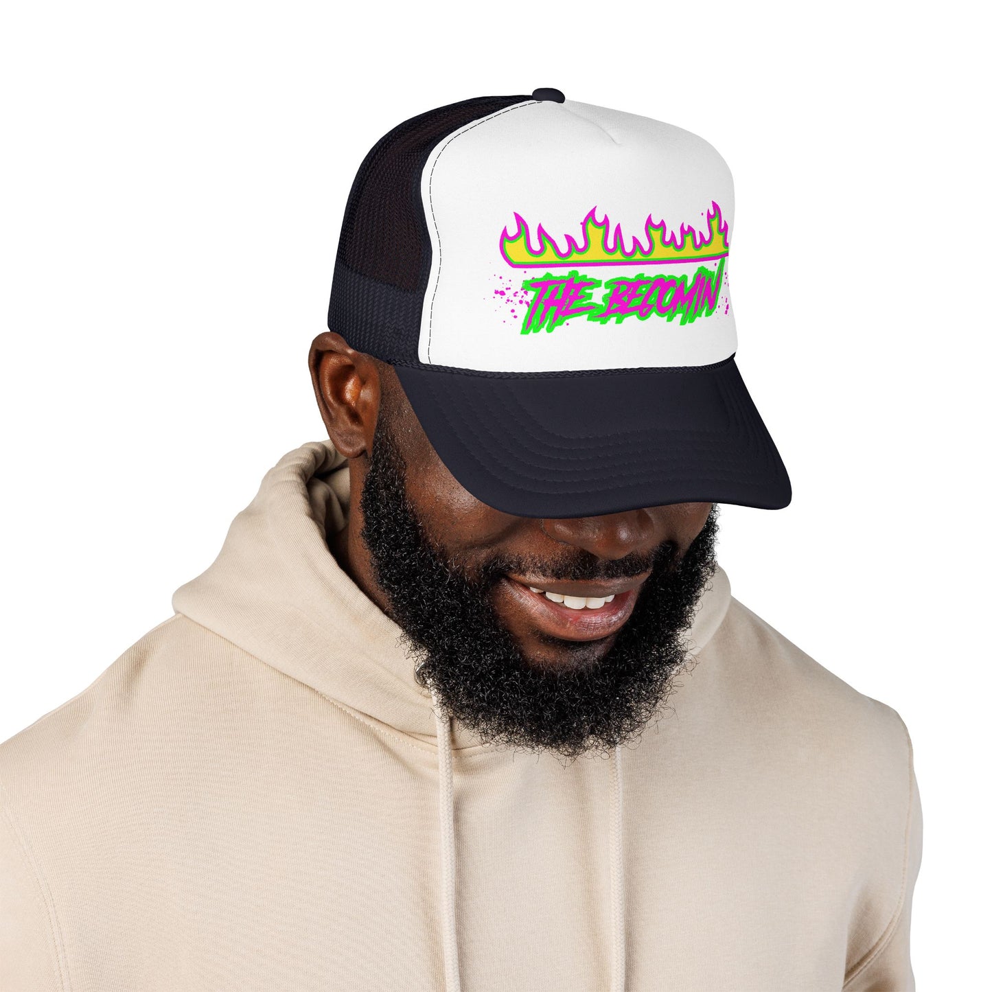 Neon Flame 'The Reccmn' Trucker Hat — Retro 80s Skate Punk Foam Mesh Cap