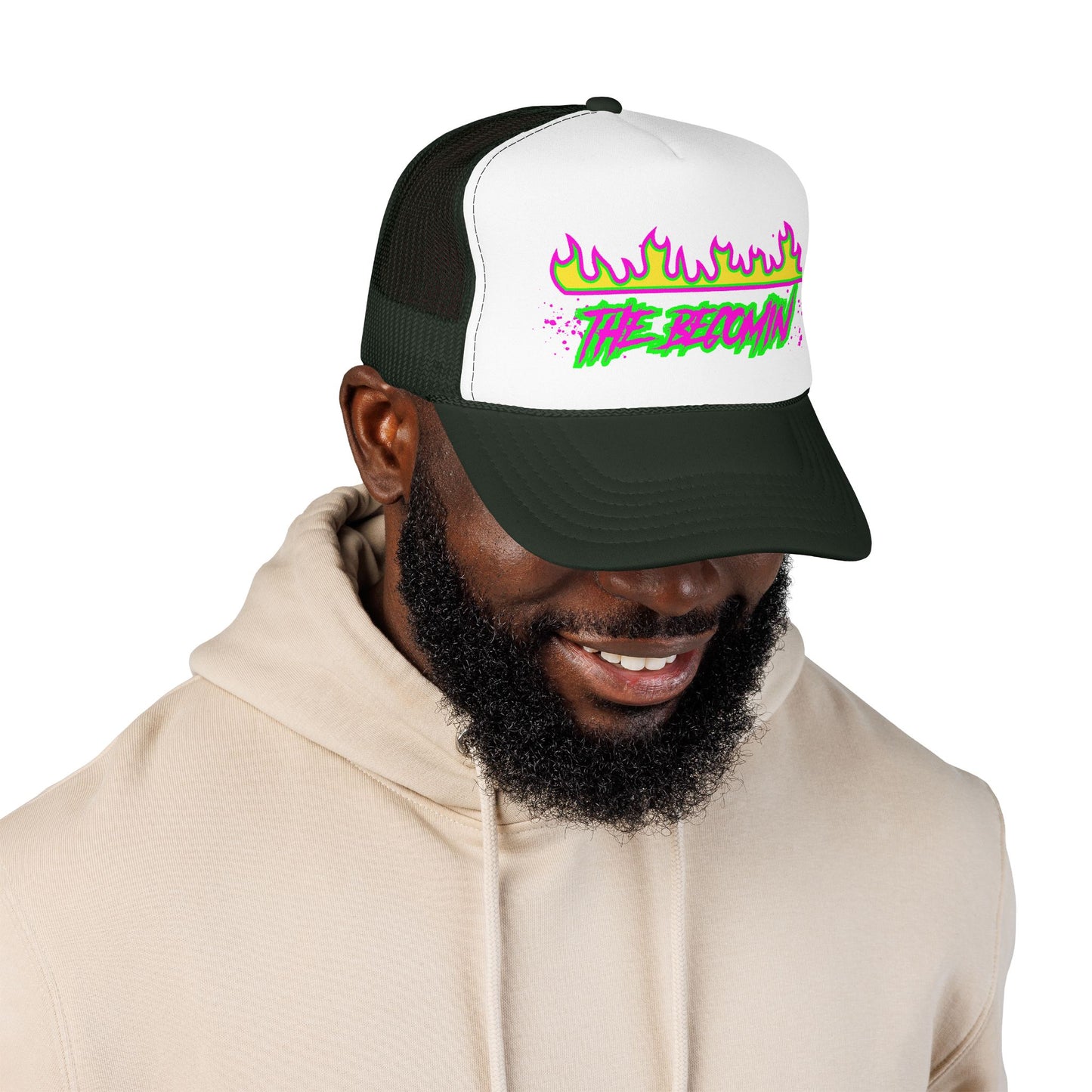Neon Flame 'The Reccmn' Trucker Hat — Retro 80s Skate Punk Foam Mesh Cap