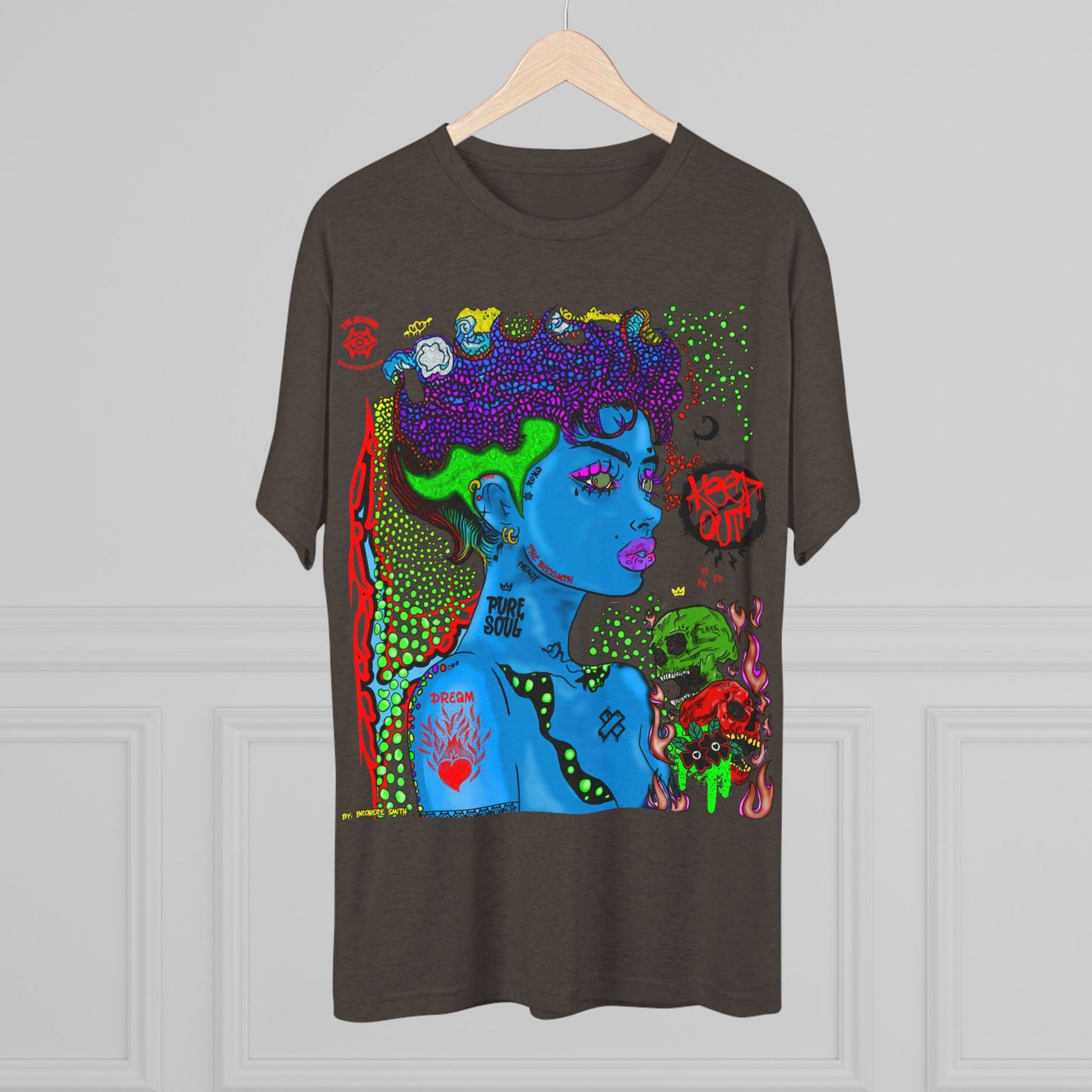 Psychedelic Blue Portrait Tee — Vivid Heart Grasp Graphic T-Shirt