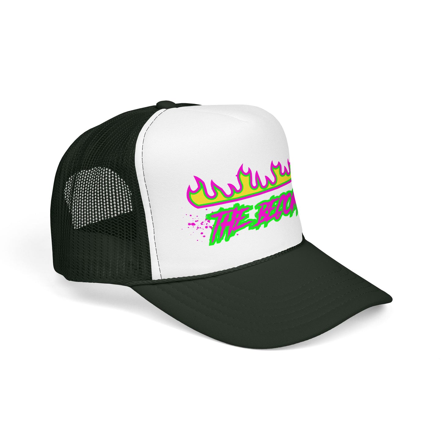 Neon Flame 'The Reccmn' Trucker Hat — Retro 80s Skate Punk Foam Mesh Cap
