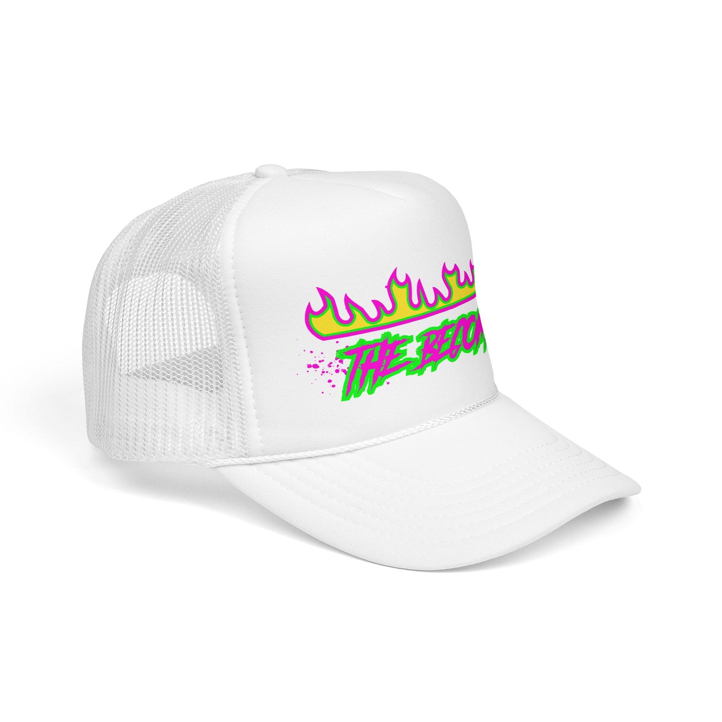 Neon Flame 'The Reccmn' Trucker Hat — Retro 80s Skate Punk Foam Mesh Cap