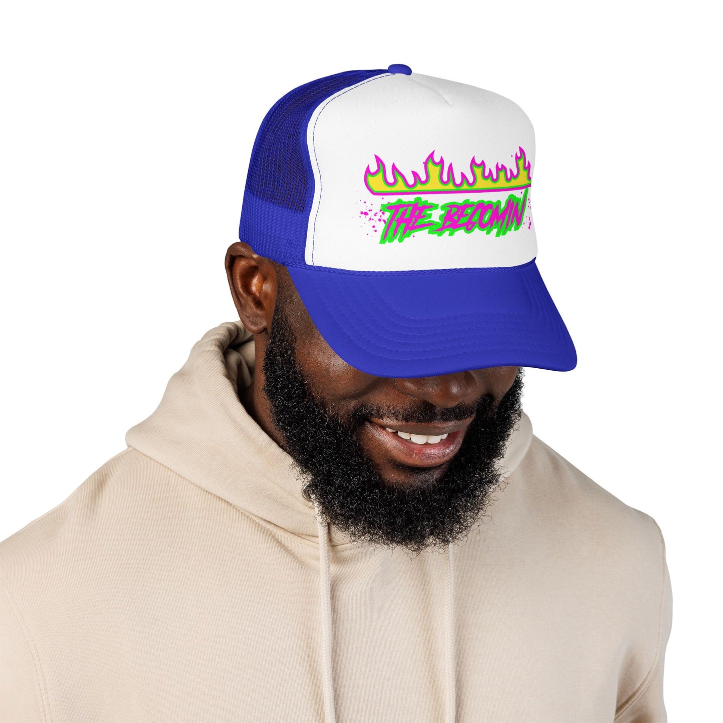 Neon Flame 'The Reccmn' Trucker Hat — Retro 80s Skate Punk Foam Mesh Cap