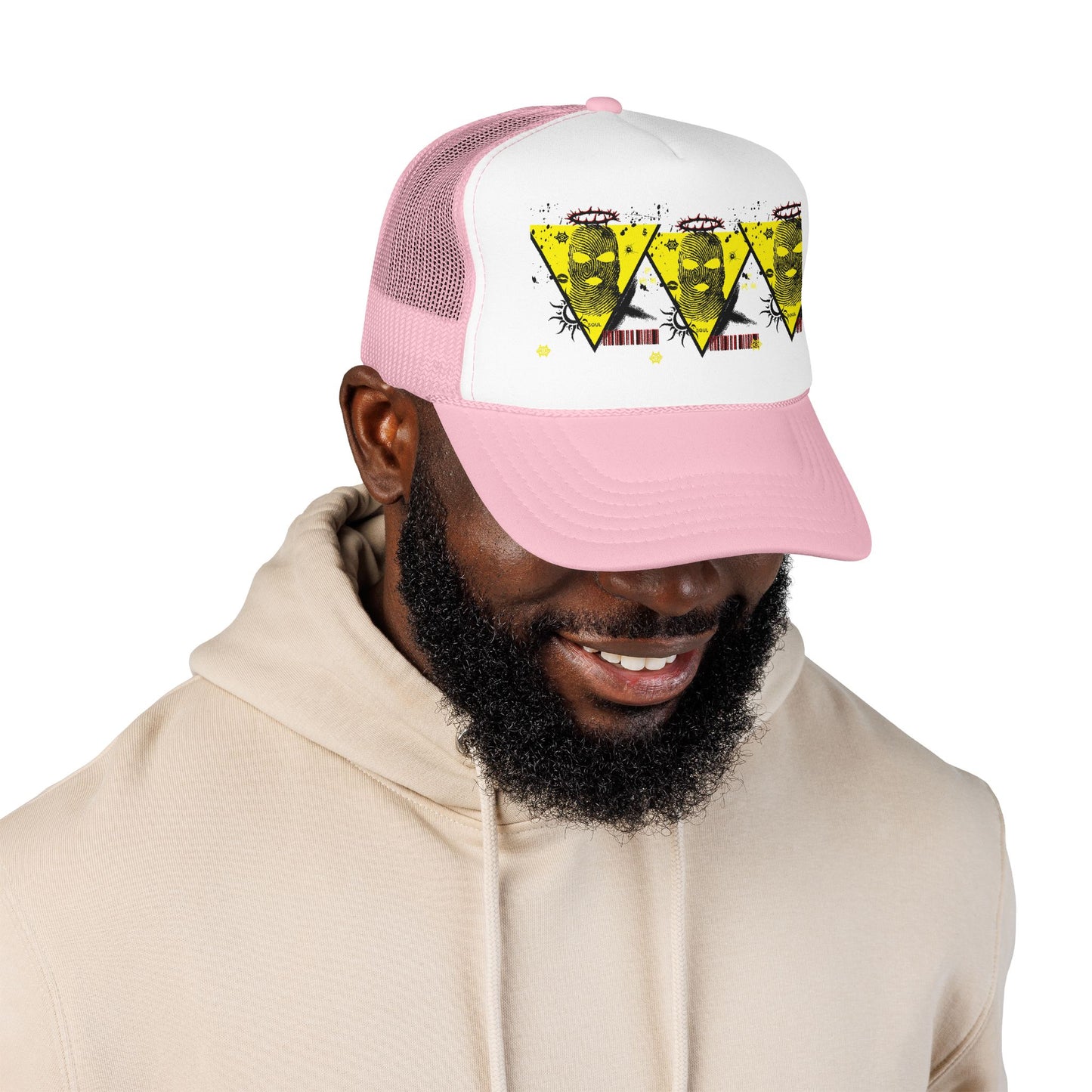 Trucker Hat — Grunge Yellow Skulls Triangle Graphic Foam Cap