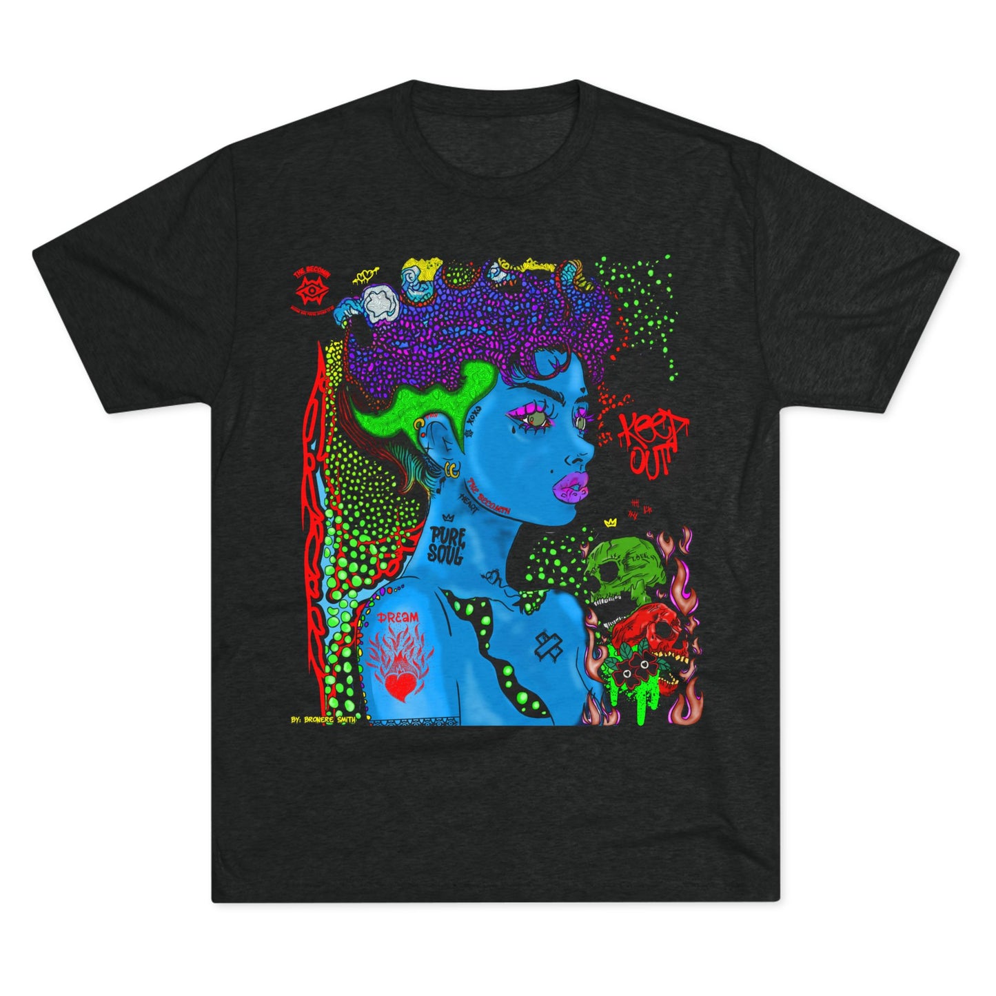 Psychedelic Blue Portrait Tee — Vivid Heart Grasp Graphic T-Shirt