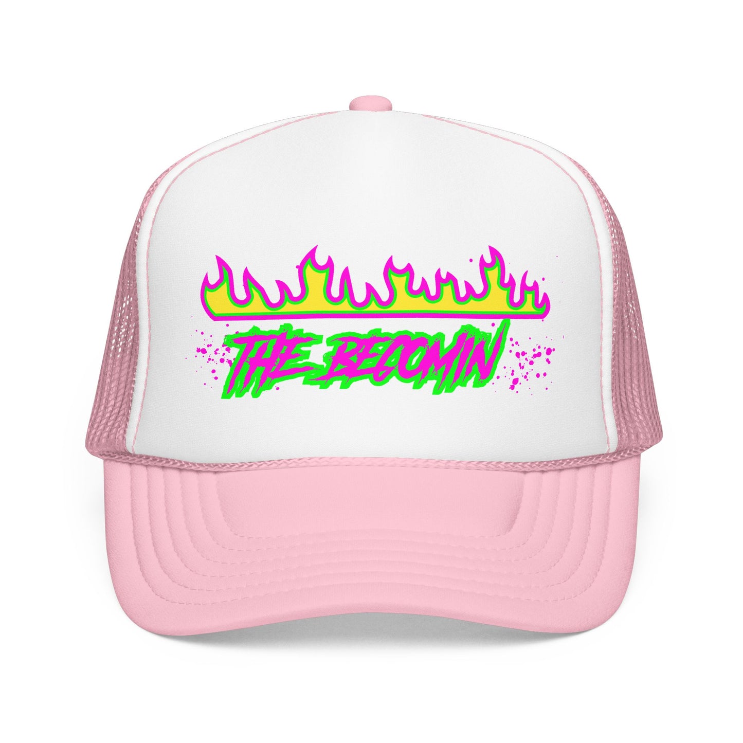 Neon Flame 'The Reccmn' Trucker Hat — Retro 80s Skate Punk Foam Mesh Cap