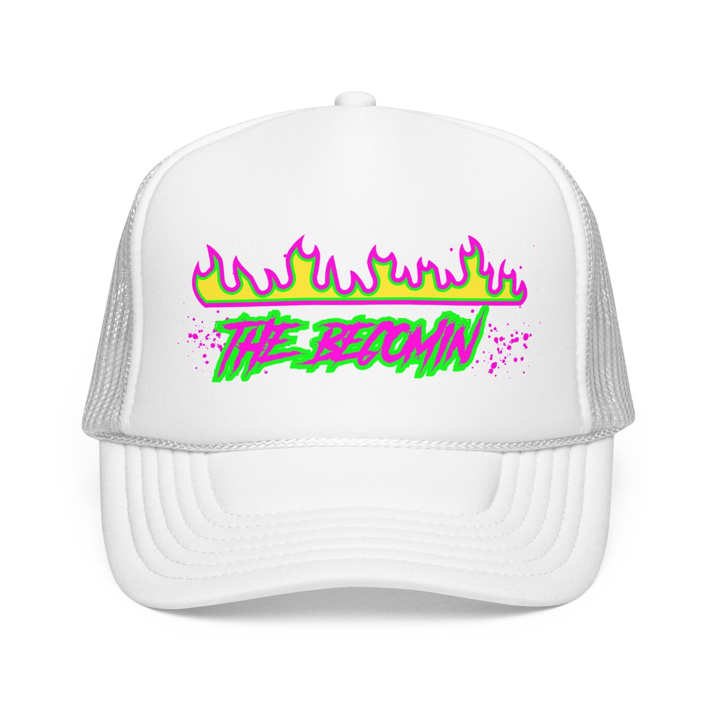 Neon Flame 'The Reccmn' Trucker Hat — Retro 80s Skate Punk Foam Mesh Cap