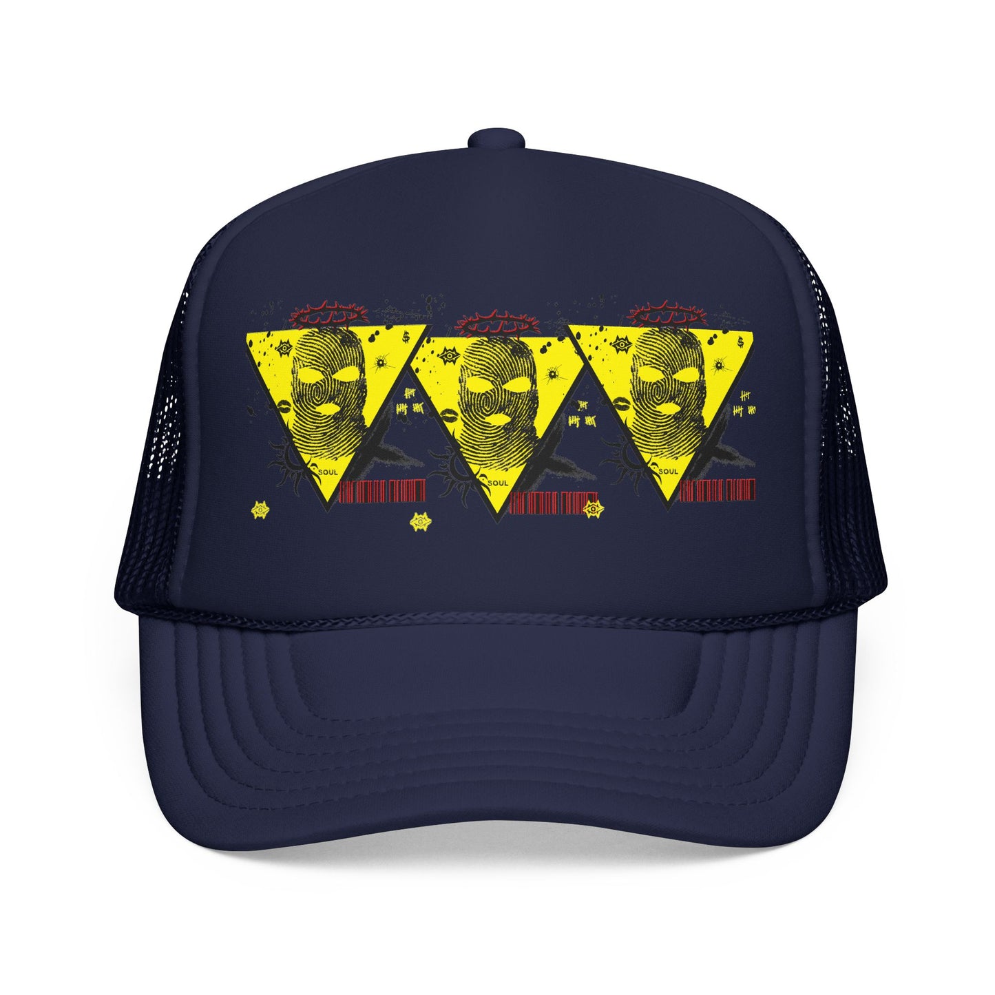 Trucker Hat — Grunge Yellow Skulls Triangle Graphic Foam Cap