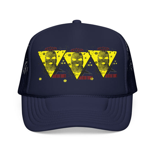 Trucker Hat — Grunge Yellow Skulls Triangle Graphic Foam Cap