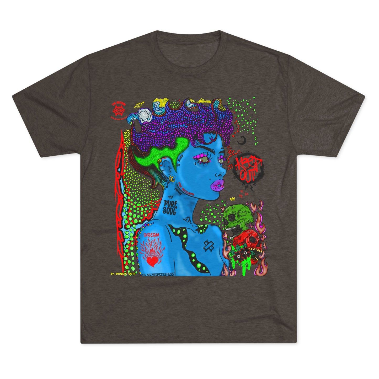 Psychedelic Blue Portrait Tee — Vivid Heart Grasp Graphic T-Shirt