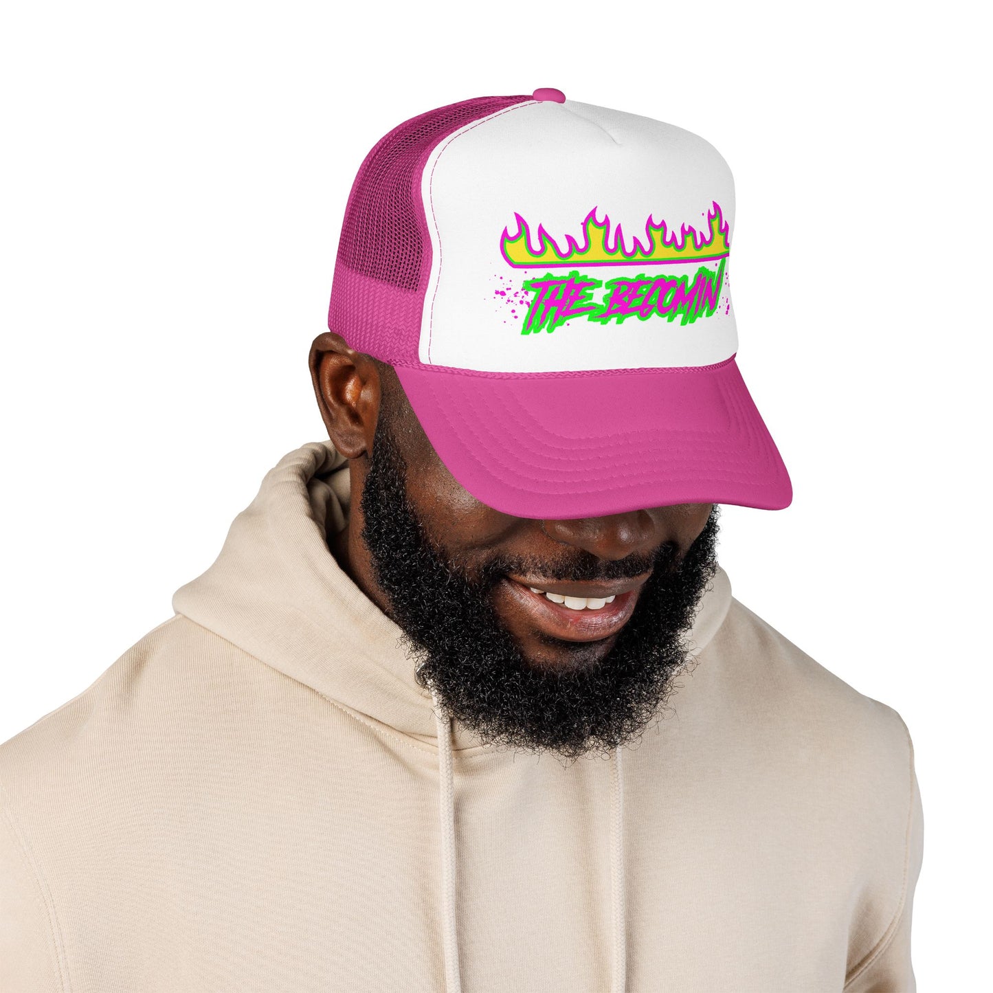 Neon Flame 'The Reccmn' Trucker Hat — Retro 80s Skate Punk Foam Mesh Cap