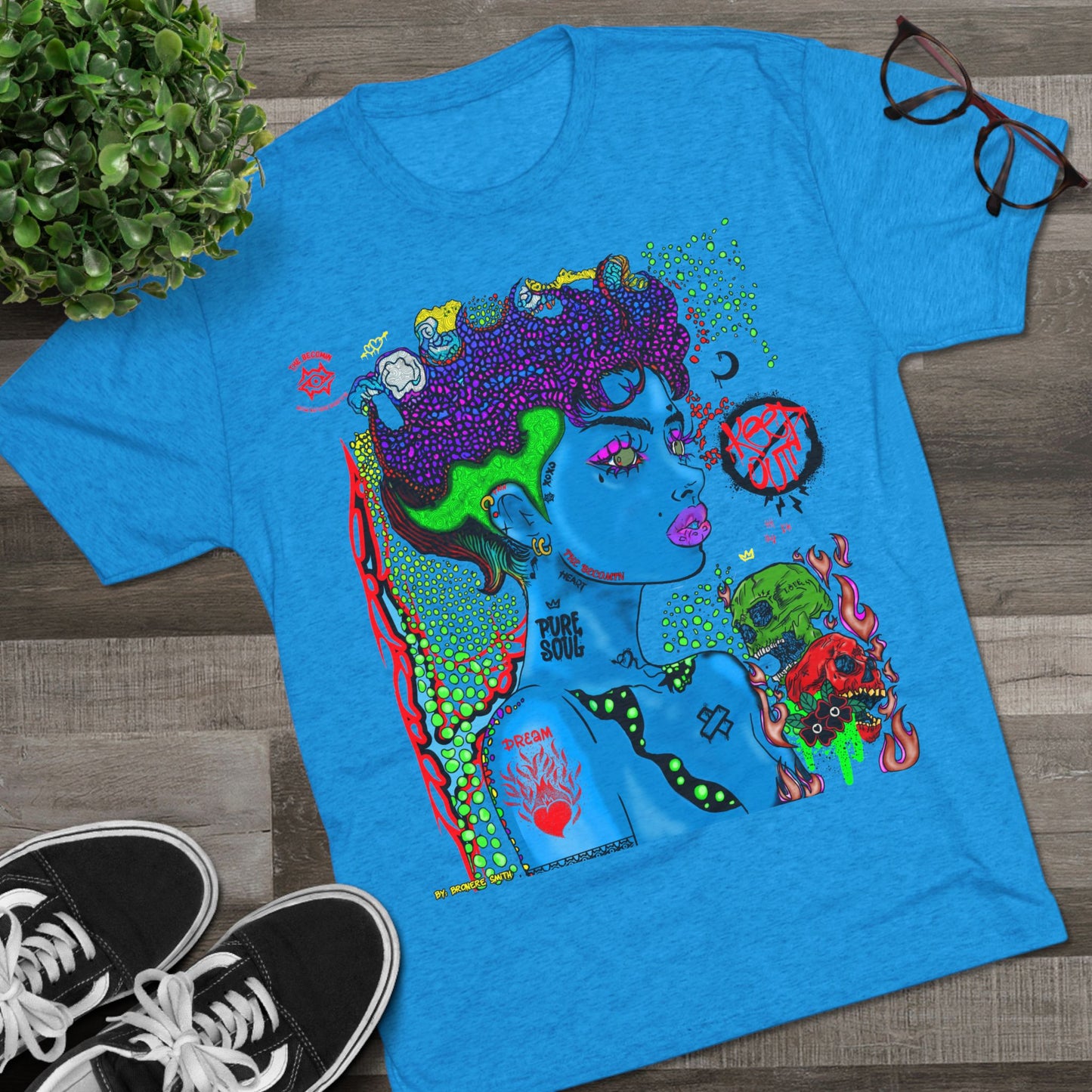 Psychedelic Blue Portrait Tee — Vivid Heart Grasp Graphic T-Shirt