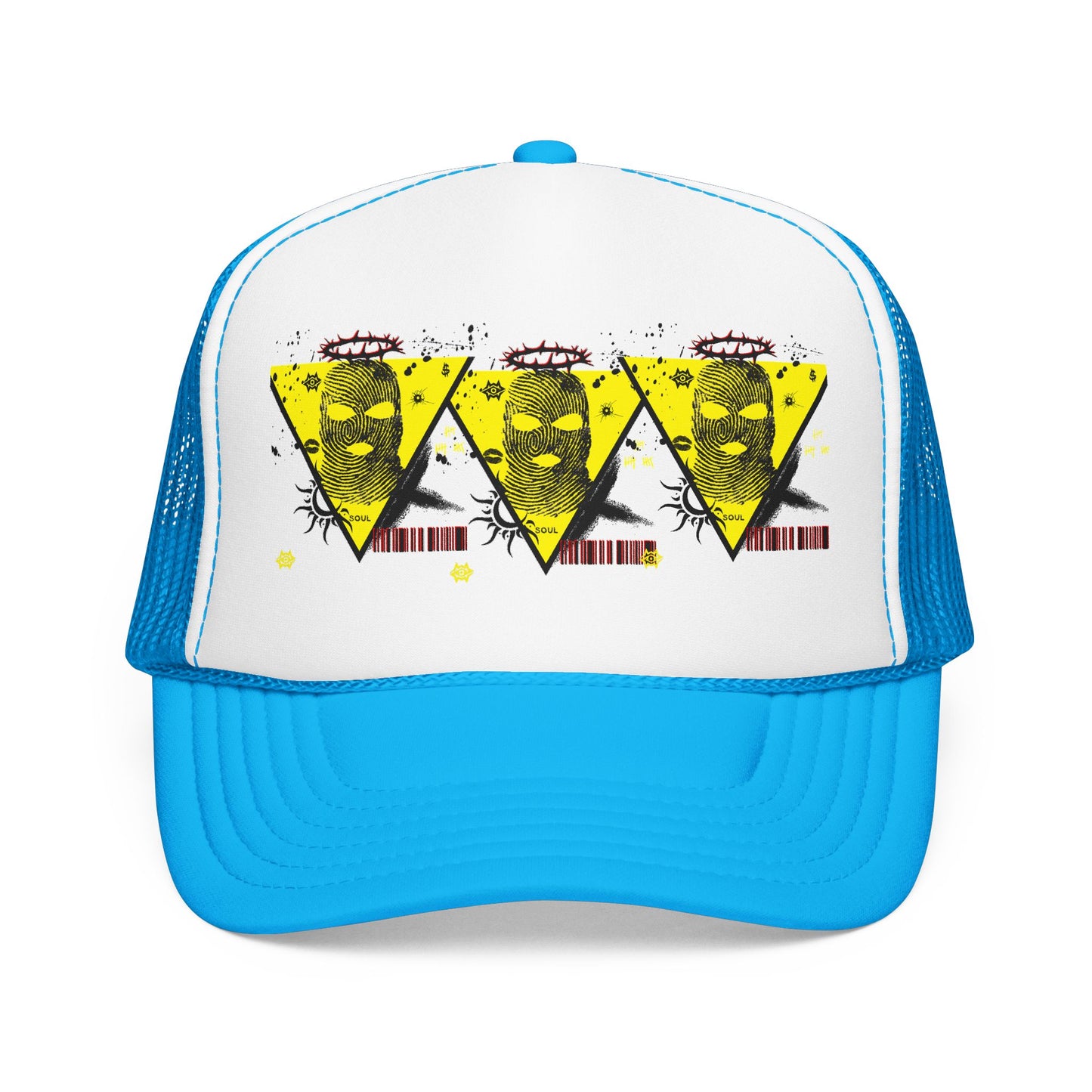 Trucker Hat — Grunge Yellow Skulls Triangle Graphic Foam Cap