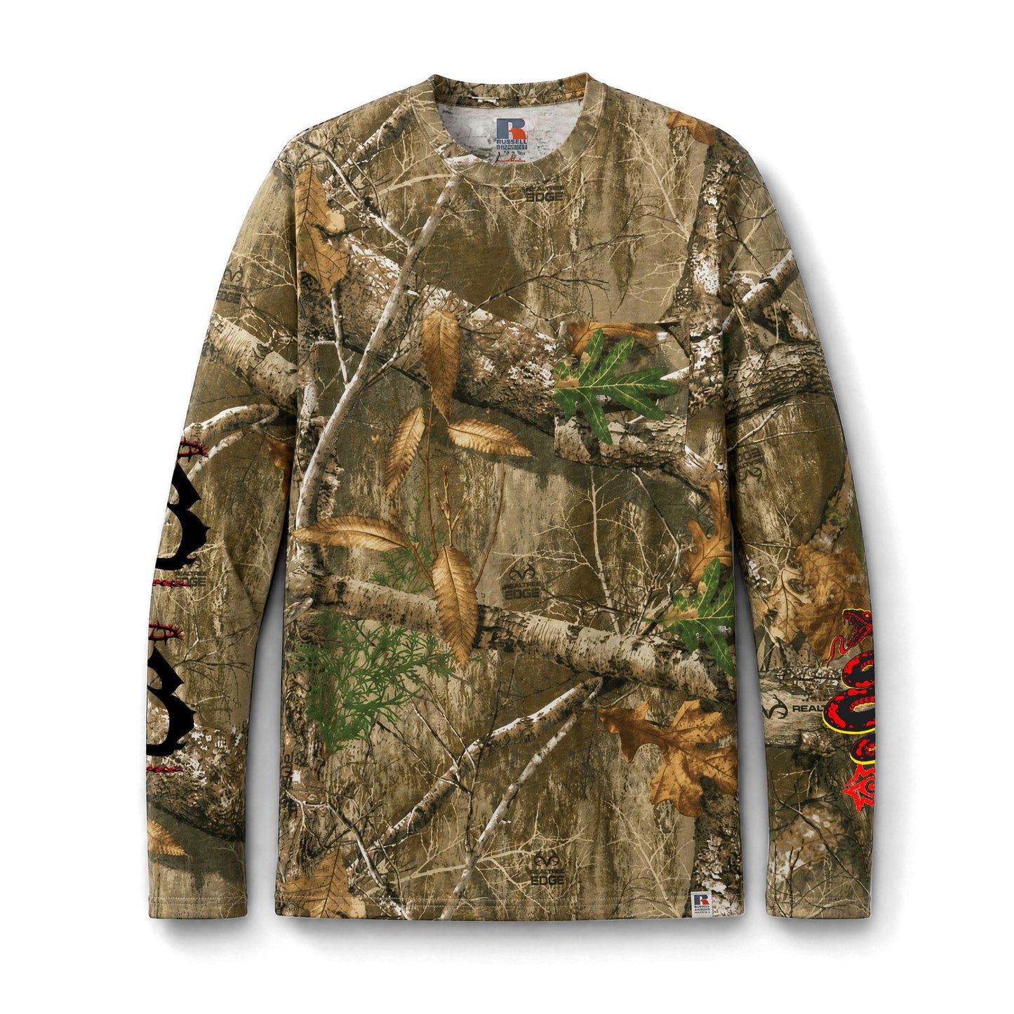 Camo Long Sleeve Tee — Hunting Mossy Forest Pocket Shirt with Graphic Back Patch