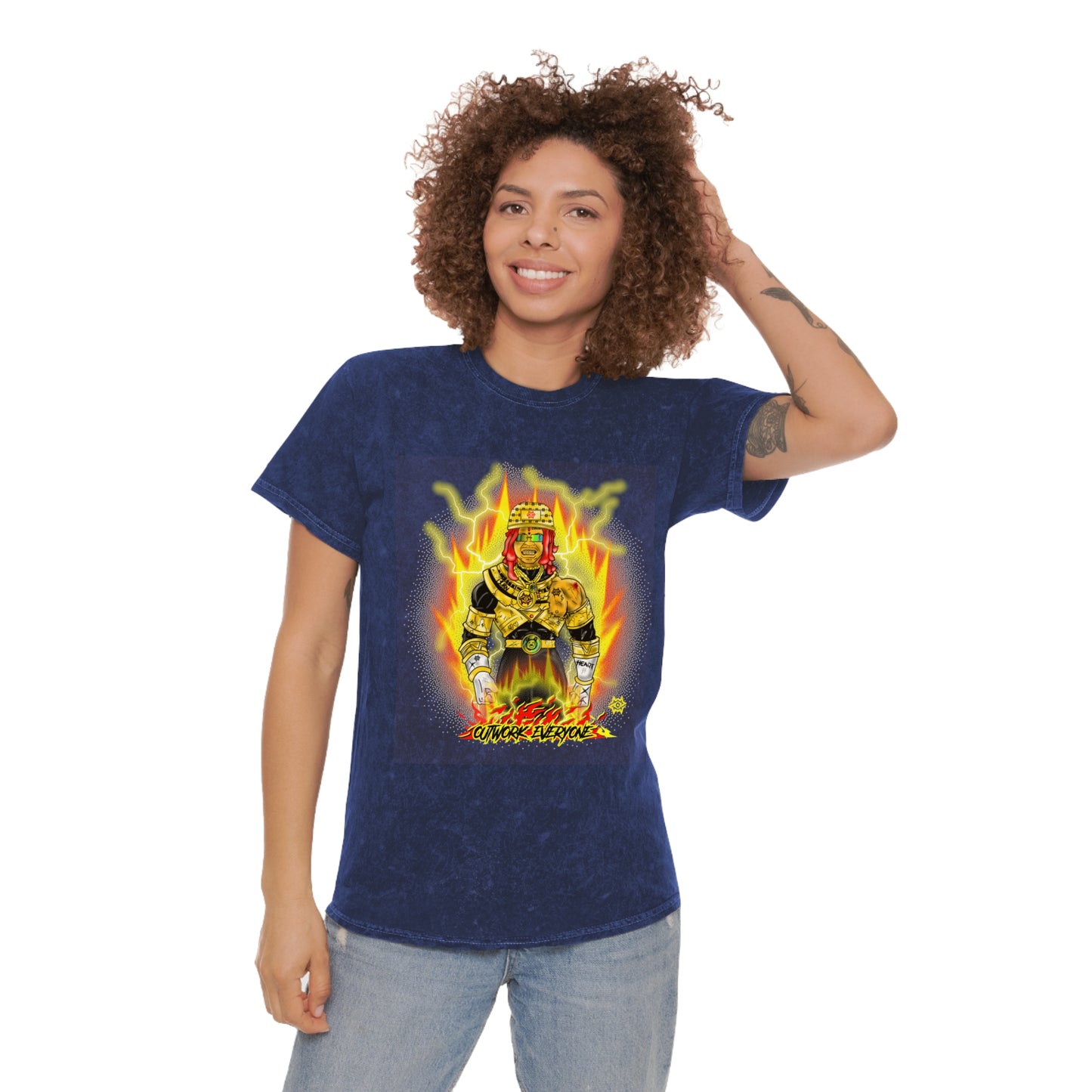 Mineral Wash Graphic Tee — Fiery King Illustration "Outwork Everyone"