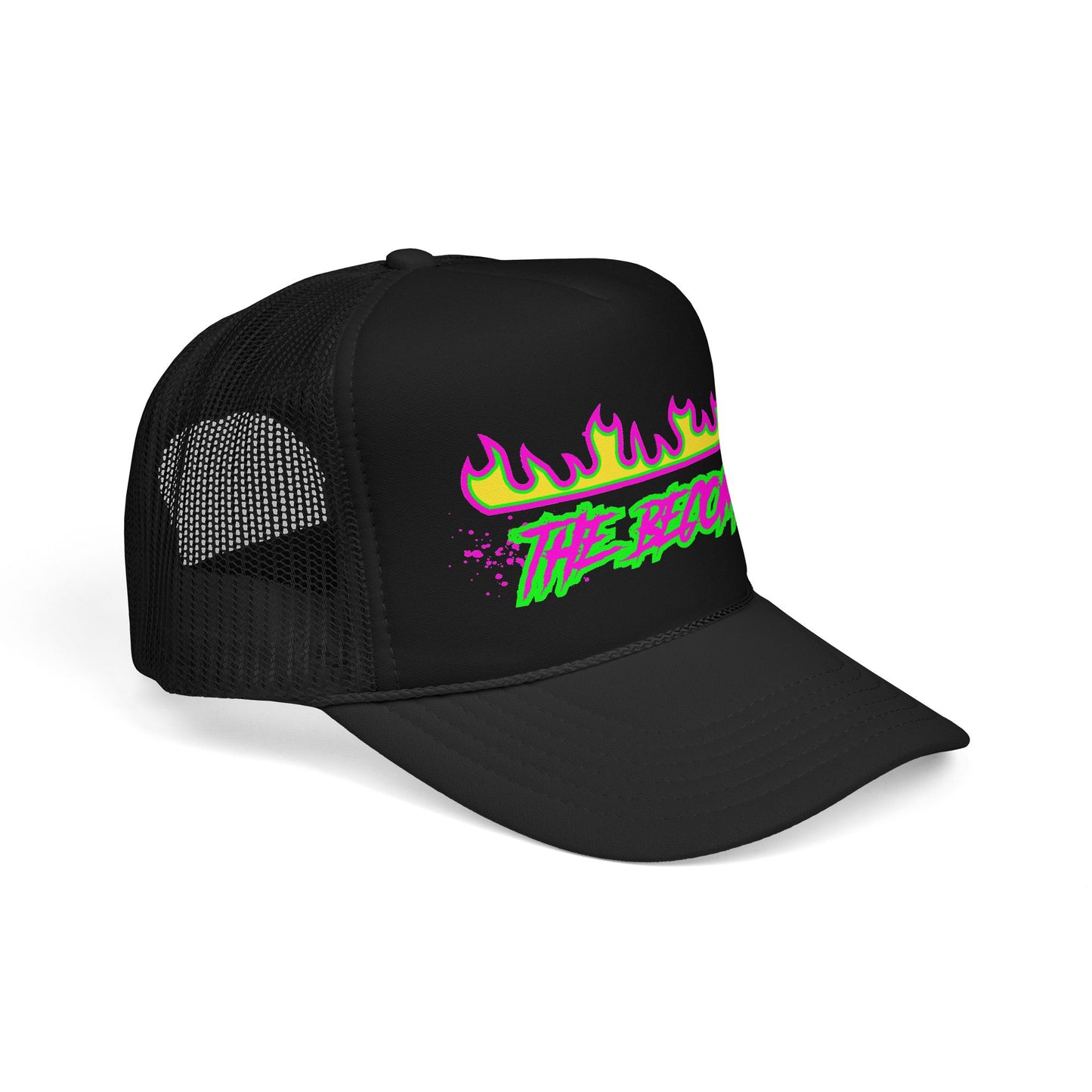 Neon Flame 'The Reccmn' Trucker Hat — Retro 80s Skate Punk Foam Mesh Cap