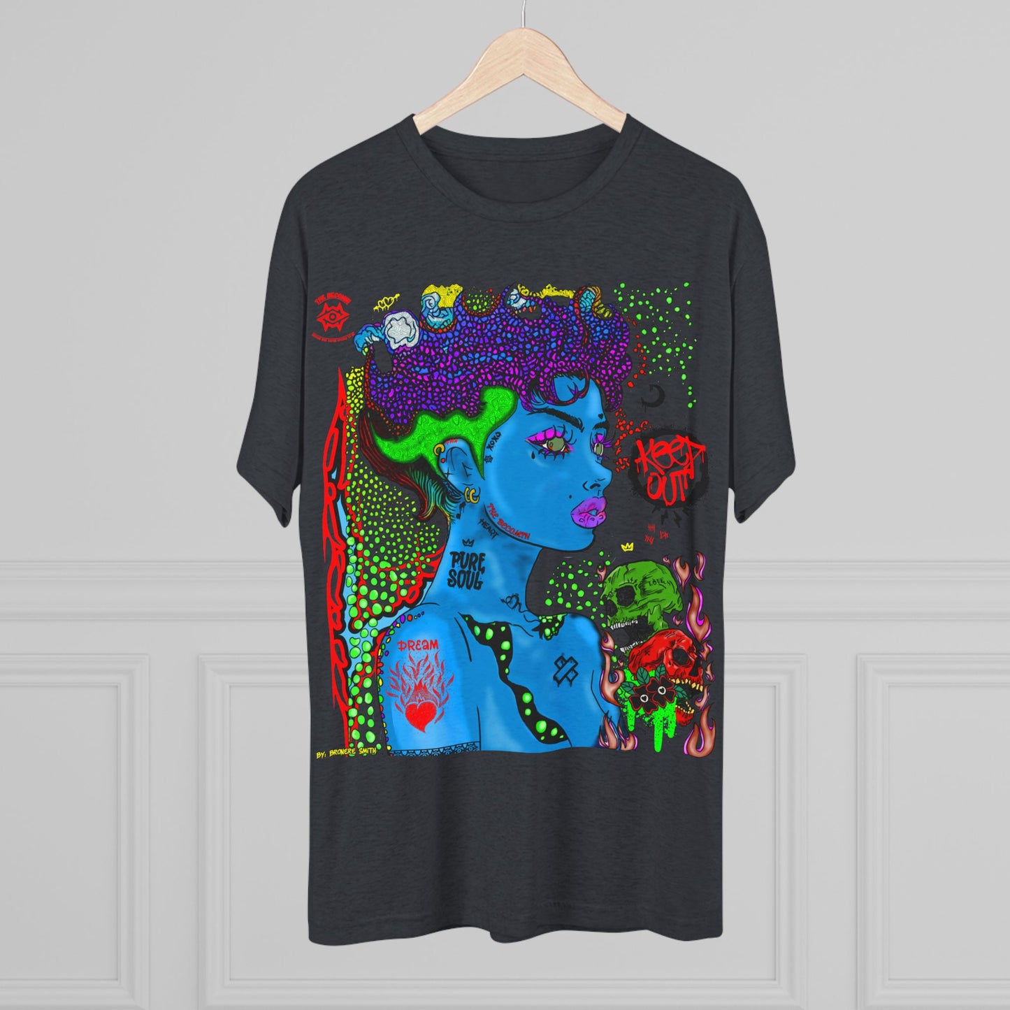 Psychedelic Blue Portrait Tee — Vivid Heart Grasp Graphic T-Shirt