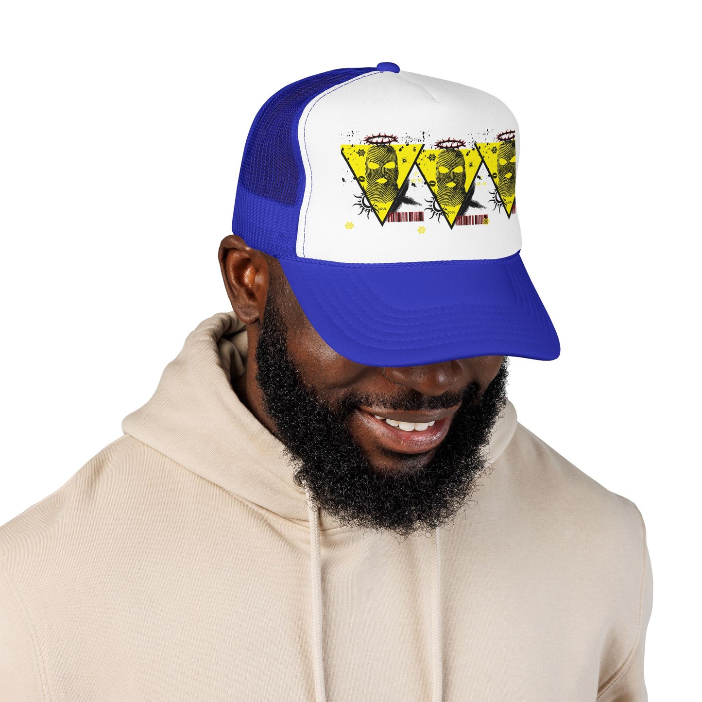 Trucker Hat — Grunge Yellow Skulls Triangle Graphic Foam Cap