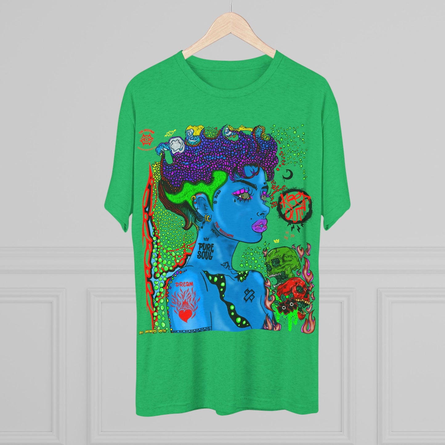 Psychedelic Blue Portrait Tee — Vivid Heart Grasp Graphic T-Shirt