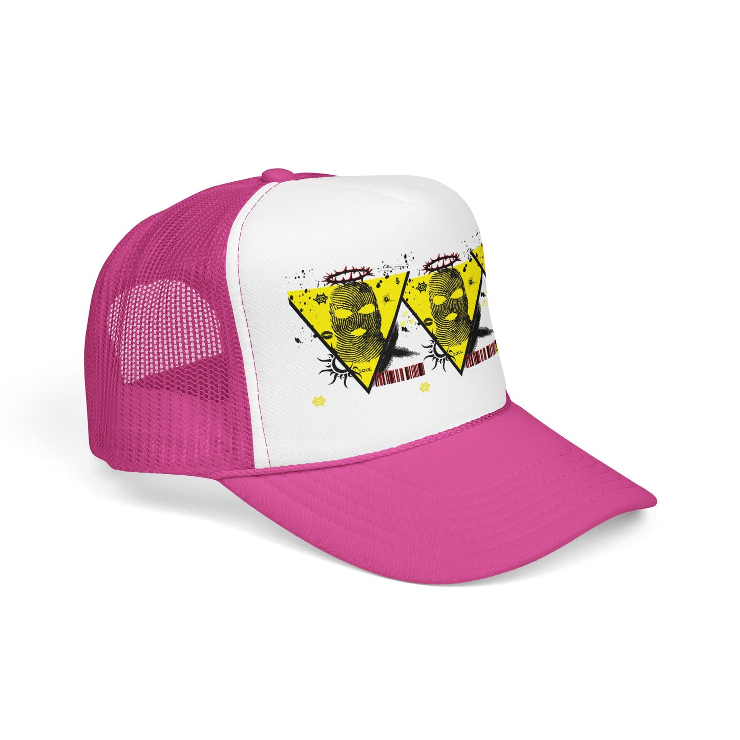 Trucker Hat — Grunge Yellow Skulls Triangle Graphic Foam Cap