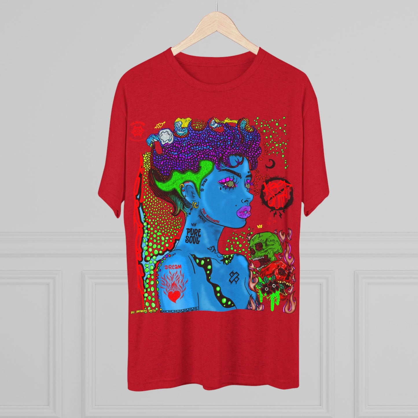 Psychedelic Blue Portrait Tee — Vivid Heart Grasp Graphic T-Shirt