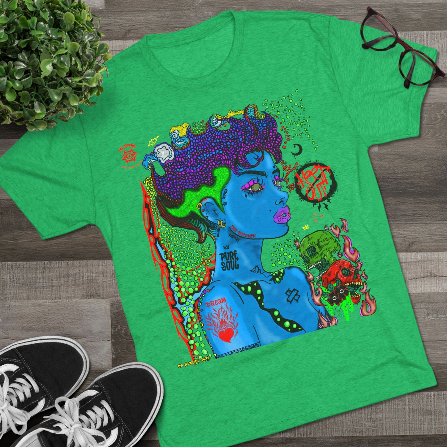 Psychedelic Blue Portrait Tee — Vivid Heart Grasp Graphic T-Shirt