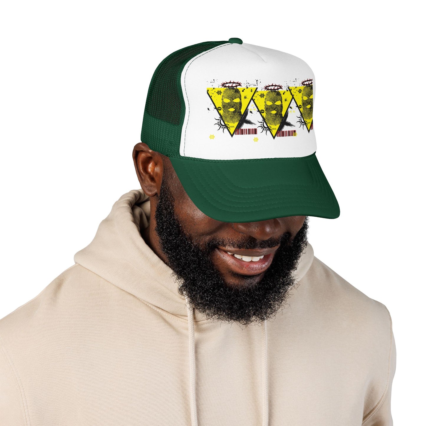 Trucker Hat — Grunge Yellow Skulls Triangle Graphic Foam Cap