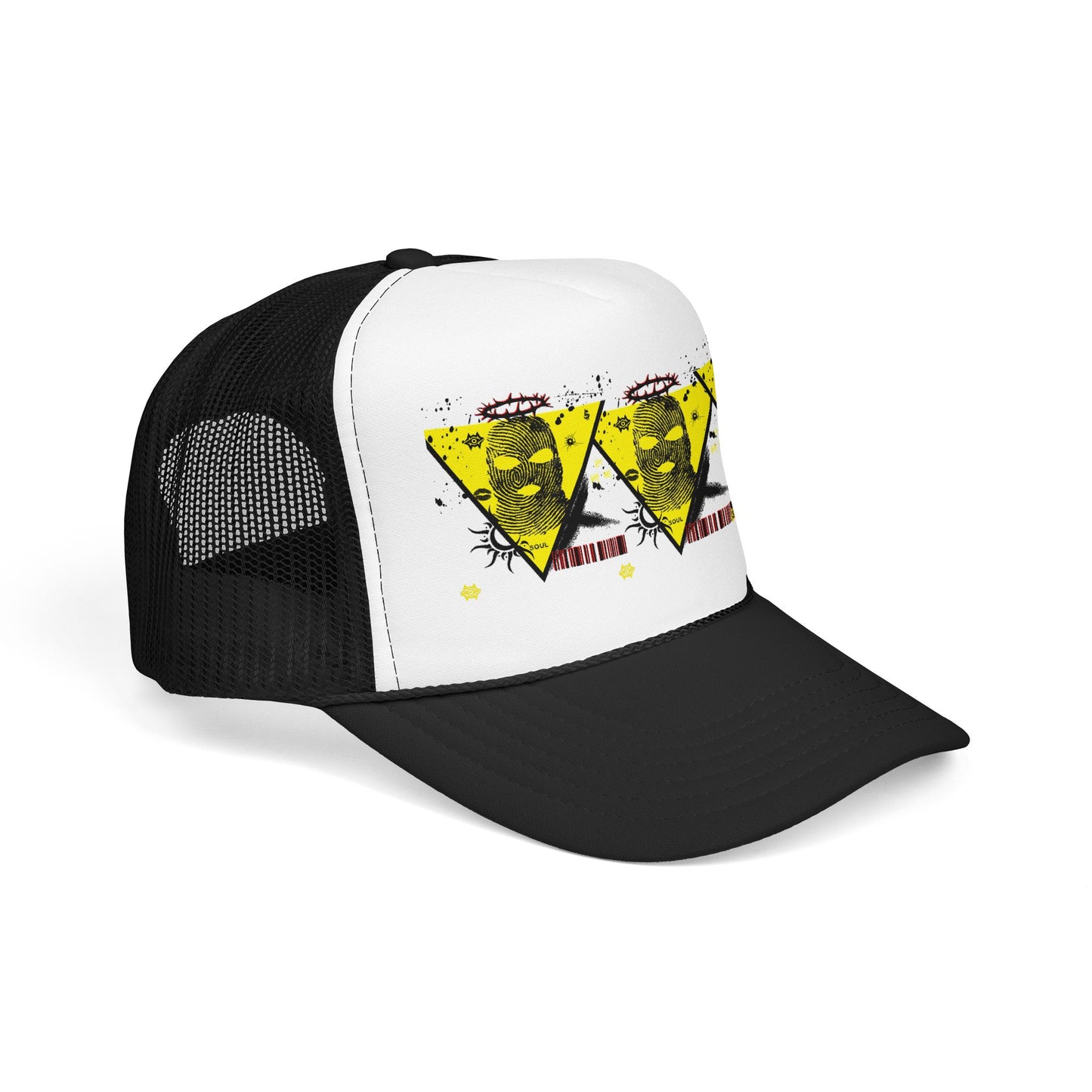 Trucker Hat — Grunge Yellow Skulls Triangle Graphic Foam Cap