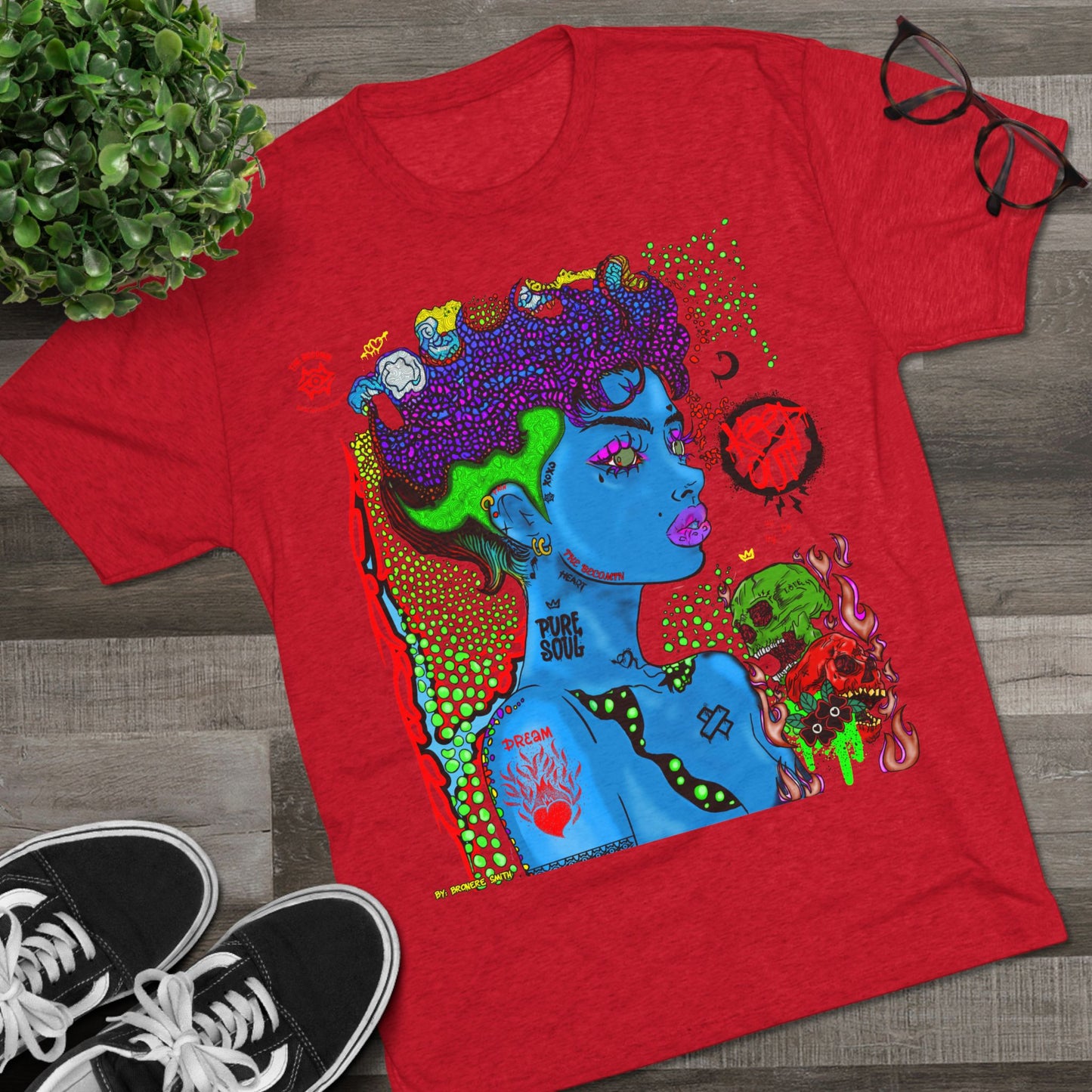 Psychedelic Blue Portrait Tee — Vivid Heart Grasp Graphic T-Shirt